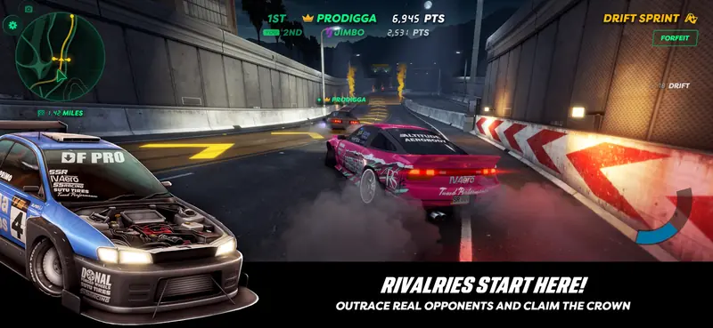 Rivalries start here! Outrace real opponents and claim the crown. A pink drift car leads a night-time Drift Sprint.